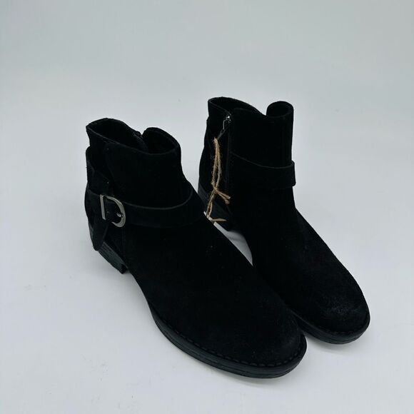 Born Lesley Black Suede Side Buckle Strap Round Toe Low Heel Bootie - Picture 7 of 7